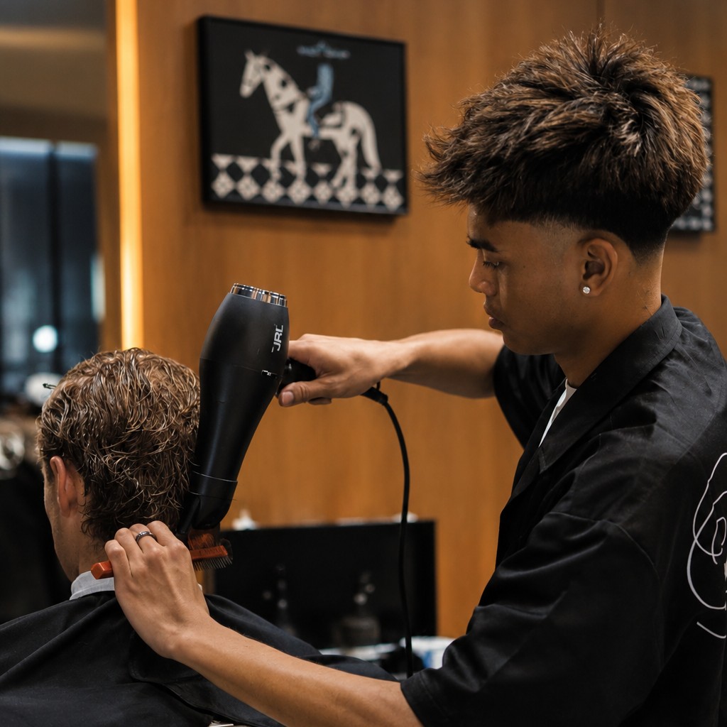 Barber blow-drying a client's hair at Bad Boy Barber